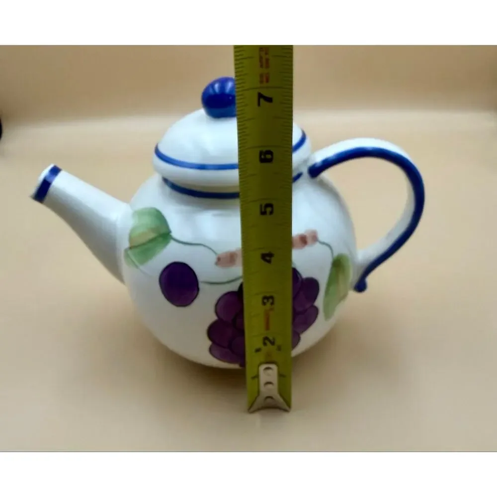 Vintage CBK Ltd China Porcelain Teapot Hand Painted Grapes Blue Trim Cottagecore